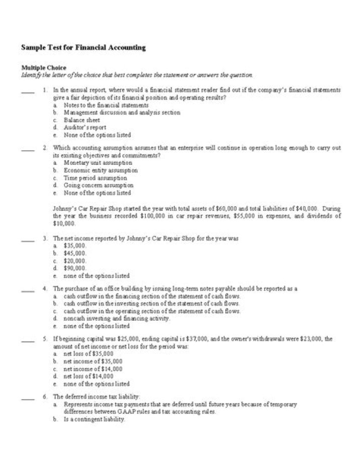 Which is a sample test for financial accounting?